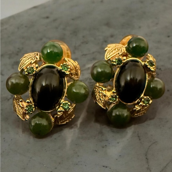 Vintage St. John Jade Beaded Gold-tone Clip-on Earrings